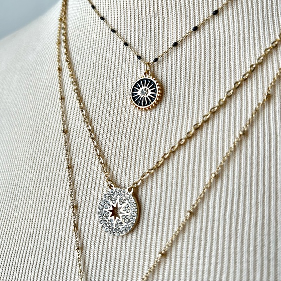 🍂3-Piece Necklace Set. Crescent Moon, Star, Evil Eye, Starburst. Black/Gold - Picture 5 of 8